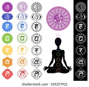 Man silhouette in yoga position with the symbols of seven chakras