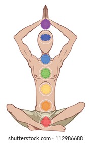 Man silhouette in yoga position with the symbols of seven chakras