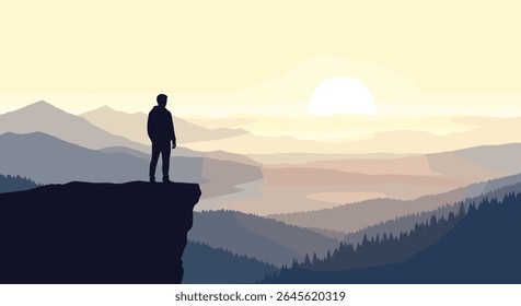 Man Silhouetted Standing On Cliff Edge Gazing At Misty Mountains Sunrise