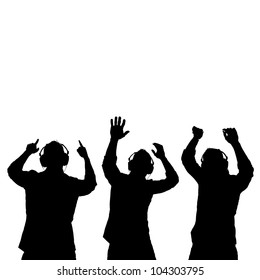 Man silhouettes with ear-phones listening to music against white background.