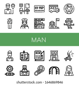 man simple icons set. Contains such icons as Delivery man, Tuxedo, Restroom, Pilot, Member card, Counter, School bus, Astronaut, Woman, Swing, can be used for web, mobile and logo