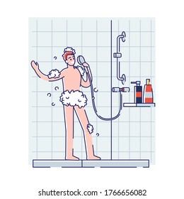 Man sing in shower white bathing in bathroom. Happy naked guy in foam using shower as microphone relaxing while washing. Cartoon caucasian in bathe. Linear vector illustration