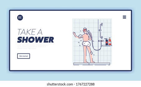 Man sing in shower white bathing in bathroom. Happy naked guy in foam using shower as microphone relaxing while washing. Cartoon caucasian in bathe. Linear vector illustration