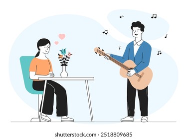 Homem canta música sobre amor. Jovem com uma garota de guitarra serenada. Emparelhar em encontro romântico ou encontro. Namorado canta música para namorada. Ilustração de vetor linear isolada no plano de fundo branco