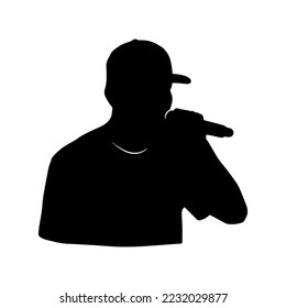 Man singer with microphone. Vector simple silhouette shadow shape, flat black icon isolated on white backround. Logo design element.