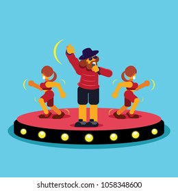 man singer on stage with two lady dancing colorful vector illustration