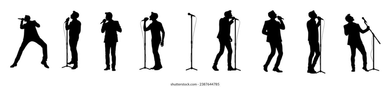 Man singer silhouette, man singing on mic, singer singing silhouette, vocalist singing to microphone