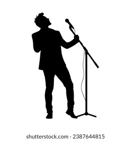 Man singer silhouette, man singing on mic, singer singing silhouette, vocalist singing to microphone