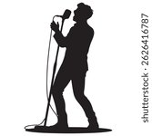 Man singer, man singing on mic, singer singing silhouette, vocalist singing to microphone Vector Black silhouette. with white background
