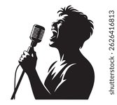 Man singer, man singing on mic, singer singing silhouette, vocalist singing to microphone Vector Black silhouette. with white background
