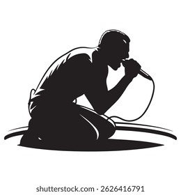 Homem cantor, homem cantando no microfone, cantor cantando silhueta, vocalista cantando ao microfone Vetor Black silhueta. com fundo branco
