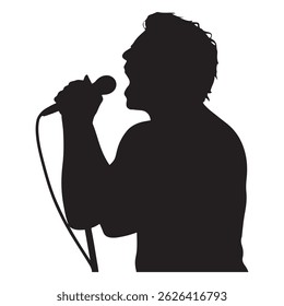 Homem cantor, homem cantando no microfone, cantor cantando silhueta, vocalista cantando ao microfone Vetor Black silhueta. com fundo branco
