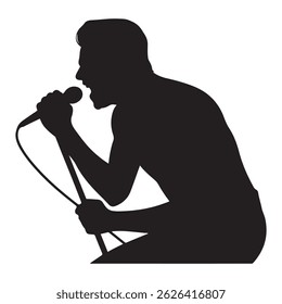 Man singer, man singing on mic, singer singing silhouette, vocalist singing to microphone Vector Black silhouette. with white background
