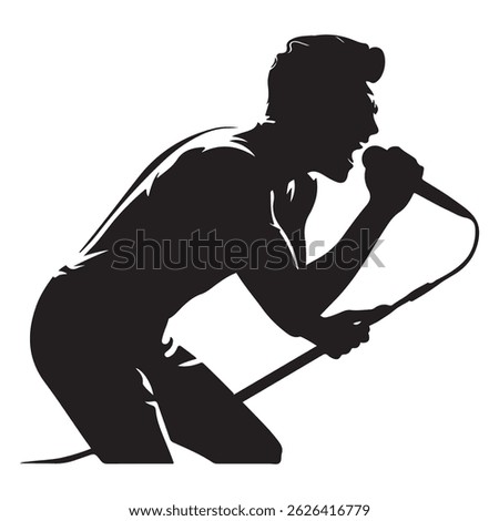 Man singer, man singing on mic, singer singing silhouette, vocalist singing to microphone Vector Black silhouette. with white background
