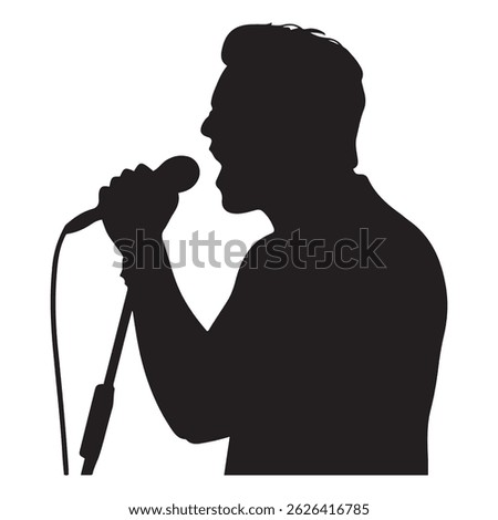 Man singer, man singing on mic, singer singing silhouette, vocalist singing to microphone Vector Black silhouette. with white background
