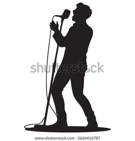 Man singer, man singing on mic, singer singing silhouette, vocalist singing to microphone Vector Black silhouette. with white background
