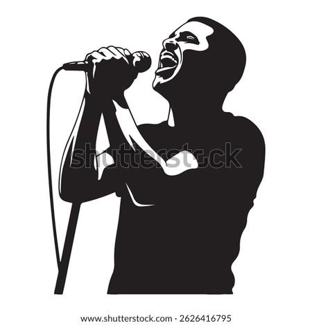 Man singer, man singing on mic, singer singing silhouette, vocalist singing to microphone Vector Black silhouette. with white background
