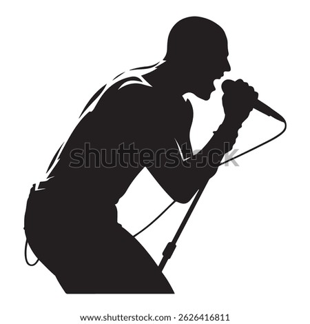 Man singer, man singing on mic, singer singing silhouette, vocalist singing to microphone Vector Black silhouette. with white background
