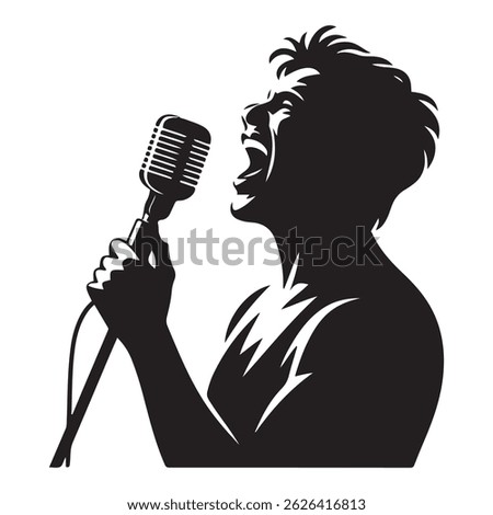 Man singer, man singing on mic, singer singing silhouette, vocalist singing to microphone Vector Black silhouette. with white background
