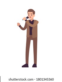 Man singer. Vocalists musical performance, boy stands in brown suit with microphone and sings song, karaoke or pop concert, entertainment concept flat vector cartoon isolated illustration