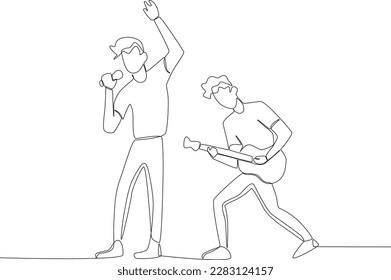 A man singing accompanied by a guitar by his friend. Music band one-line drawing