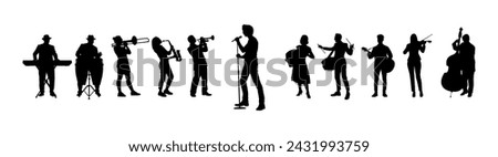 Man singing accompanied by music played by a group of musicians vector silhouettes. Male singer performing song with street musicians playing various musical instruments silhouette set.	