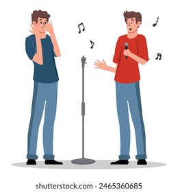 man singing badly, young man is bothered by his out-of-tune voice. vector illustration.