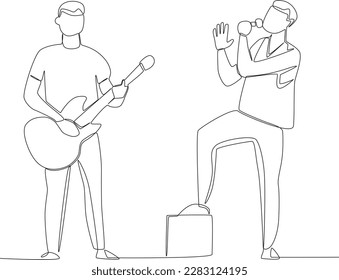 A man singing his favorite song on stage. Music band one-line drawing
