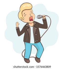 Man singing into a microphone, cartoon character, hand drawing sticker. Boy with hair laid in a coc in leather jacket holds a microphone in his hand, isolated on white background. Vector illustration