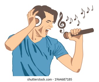 a man singing into a microphone on a white background