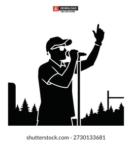 Hombre cantando en el micrófono con la silueta de la mano levantada contra el paisaje urbano y los árboles de fondo