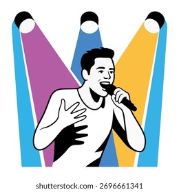 Man singing into microphone under colorful stage lights music performance.eps