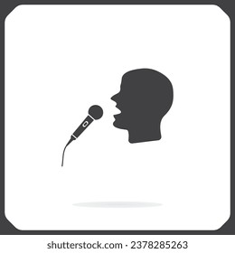 Man singing into microphone, vector icon. The head of a man singing into a microphone. A flat illustration of a man with a microphone.