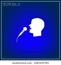 Man singing into microphone, vector icon. The head of a man singing into a microphone. A flat illustration of a man with a microphone.