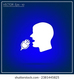 Hombre cantando en el micrófono, icono vector. La cabeza de un hombre cantando en un micrófono. Ilustración plana de un hombre con micrófono.