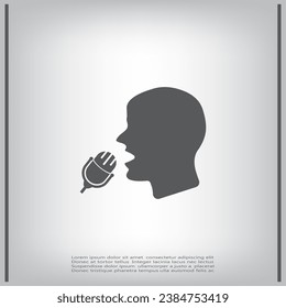 Man singing into microphone, vector icon. The head of a man singing into a microphone. A flat illustration of a man with a microphone.