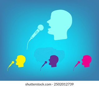 Man singing into microphone, vector icon. The head of a man singing into a microphone. A flat illustration of a man with a microphone.