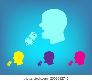Man singing into microphone, vector icon. The head of a man singing into a microphone. A flat illustration of a man with a microphone.