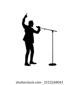 a man is singing into a microphone and the words  the word  on the bottom. a man singing into a microphone with a microphone in his hand.