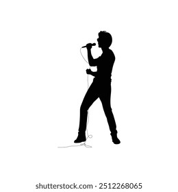 um homem está cantando num microfone e as palavras na parte de baixo. um homem está cantando num microfone com um microfone na mão.