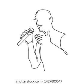 Man singing karaoke continuous one line drawing. Speaker with microphone tells a speech. Amateur song contest, competition. Entertainment, party evening. Minimalistic line art style illustration