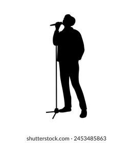 Man singing karaoke with micro, happy singer silhouette, Man and woman singer silhouette, male female singing on mic