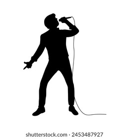 Man singing karaoke with micro, happy singer silhouette, Man and woman singer silhouette, male female singing on mic