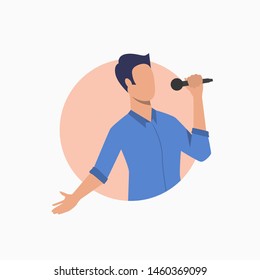 Man singing karaoke with microphone. Record, presenter, singer. Studio concept. Vector illustration can be used for topics like technology, leisure, hobby