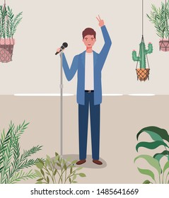 man singing with microphone character