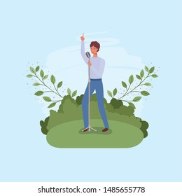 man singing with microphone character