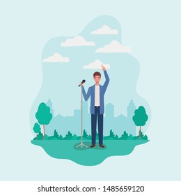 man singing with microphone character