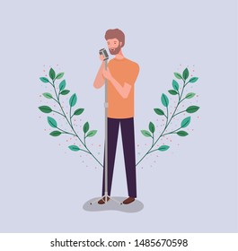man singing with microphone character