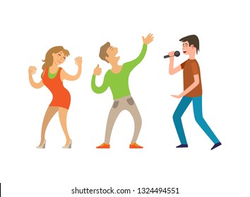 Man singing with microphone and dancing couple of boy and girl isolated on white. People with hands up at disco, performance and side view of singer vector