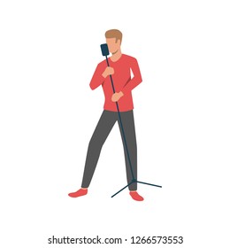 Man singing with microphone flat icon. Singer, performing, stand. Show concept. Vector illustration can be used for topics like vocal, contest, pop music